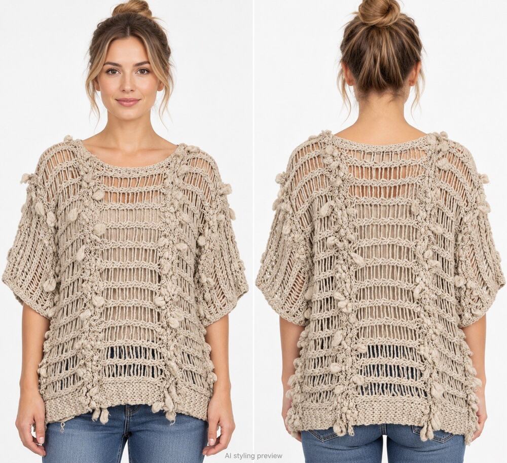 Lumiere Sweater Womens L Beige Wool Blend Open Knit Fringe Boho Pullover
